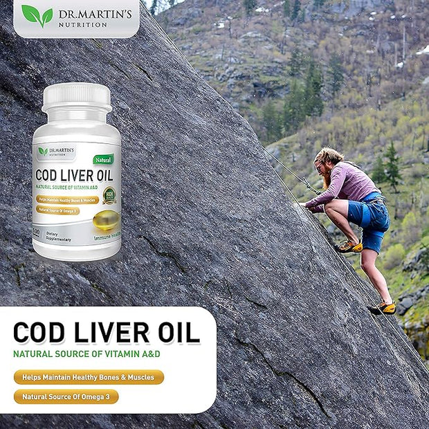 Burpless COD Liver Oil | 100 Softgels | Natural Source of Omega 3 Fatty Acids EPA & DHA | Vitamin A & D | Support Brain, Heart, Eye & Immune Health For Joints, Bones & Muscles Supplement No AfterTaste
