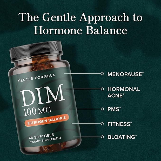 DIM Supplement 100 mg | Estrogen Balance for Women & Men | Diindolylmethane for Hormone Balance, Hormonal Acne, Menopause & Antioxidant Support | with MCT Oil & Vitamin E | Gentle Softgels | 60 Ct.
