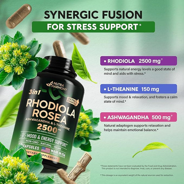 Rhodiola Rosea Supplement 2500mg 5:1 | 3% Salidroside 2 Month 60 Capsules