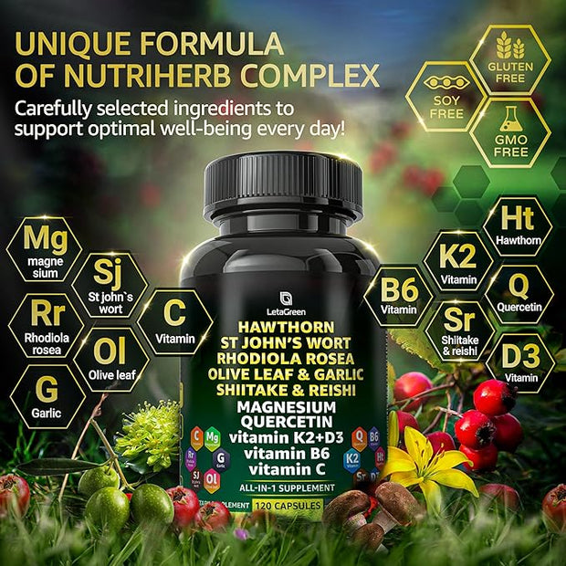 Organic Hawthorn Berry Capsules 2000mg with 2500mg Rhodiola 4000mg Olive 1000mg Shiitake 1000mg Reishi 1000mg Quercetin 150mg