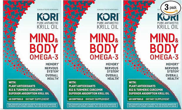 Kori Krill Kori Mind & Body Omega-3 Oil Omega 3, Brain Supplements for Memory and Focus, Lutein, Zeaxanthin, B12, Tumeric Curcumin, 60 Softgels (3 Pack)
