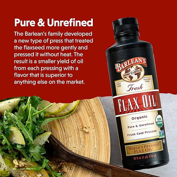 Barlean's Organic Flaxseed Oil Liquid from Cold Pressed Flax Seeds, 7,640mg ALA Omega 3 Fatty Acid Supplement for Joint and Heart Health, Vegan & Gluten Free, 16 oz