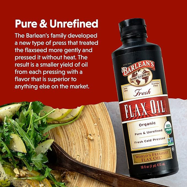 Barlean's Organic Flaxseed Oil Liquid from Fresh Cold Pressed Flax Seeds, 7,640mg ALA Omega 3 Fatty Acid Supplement for Skin and Hair Care, Vegan & Gluten Free, 8 oz