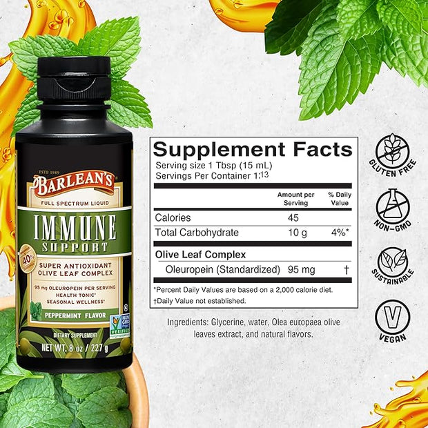 Barlean's Peppermint Olive Leaf Complex Liquid Immune Support Supplement with 95mg Oleuropein Antioxidants, 8 Ounce